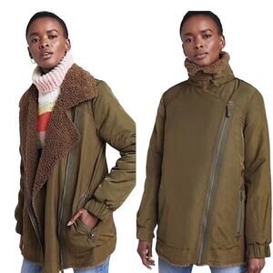 Anthropologie Khaki Ski Jacket with Fleece Trim